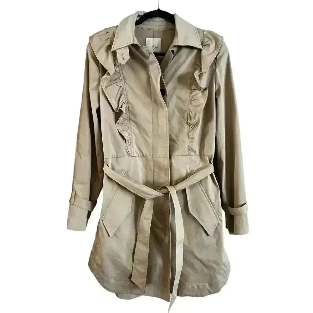 Joie Women’s Gila Trench Coat Ruffle Trim Belted Tan Size Medium